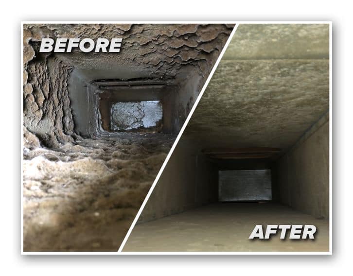 Before and after view of the interior of a chimney duct showing dust removal