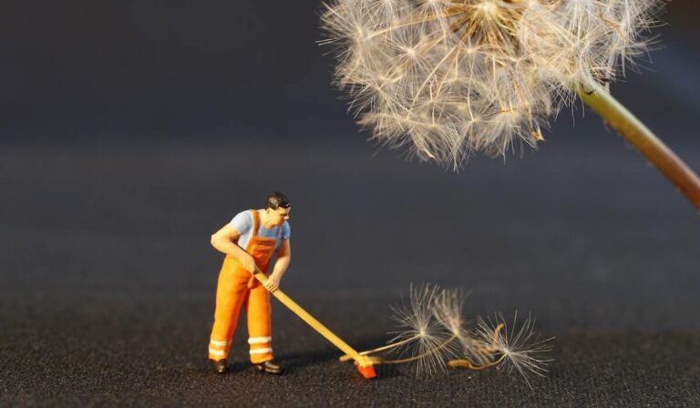 Miniature cleaning man figuring sweeping up dandelion seeds