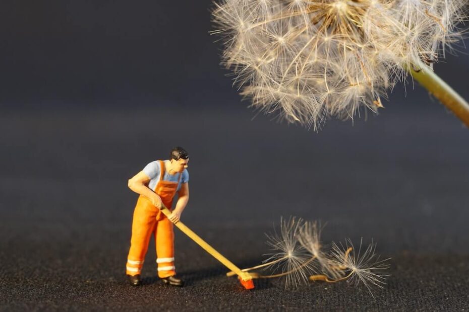 Miniature cleaning man figuring sweeping up dandelion seeds