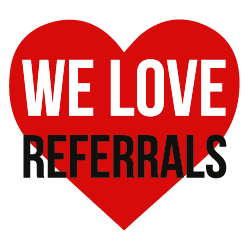 Heart with text that says We Love Referrals