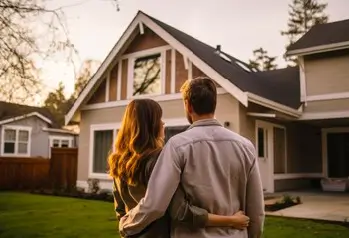 couple standing in front of beautiful house